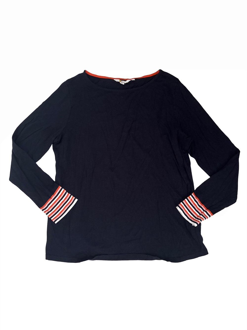 Women's Navy Long-Sleeve Tee with Orange & White Stripe Cuffs
